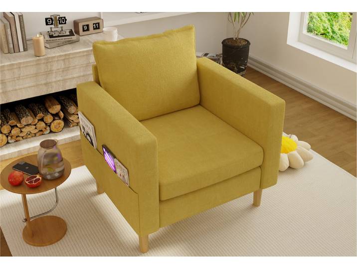 LVHOM Loungesessel Einzelsessel mit Seitentaschen,60cm Sitztiefe, bequeme Sitzfläche (Chenille-Stoff, ergonomisches Design, stabile Holzbeine, belastbar bis 150kg, 15cm Bodenfreiheit), für Wohn-/Schlaf-/Arbeits-/Wartezimmer, Büro, Leseecke, Ruhezone
