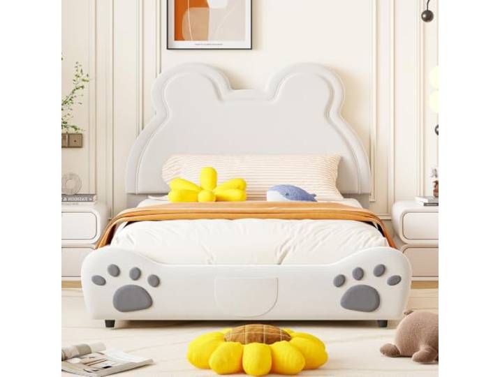 Ropilly Polsterbett Bärenform Einzelbett Velours für Kinderzimmer und Spielzimmer