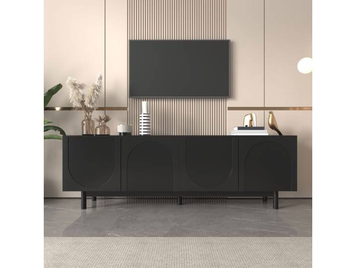 Meuble TV - SUNFECILI - 175x38x56 cm - Bois massif - Noir - Rangement multifonctionnel