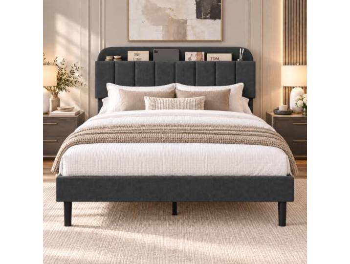 IRONCK Bett 140x200, höhenverstellbarem Kopfteil mit Stauraum, Polsterbett 3-fach höhenverstellbar, Bettgestell 140x200 mit Lattenrost, Doppelbett Jugendbett mit Abgerundeten Ecken, Stabiler, Grau