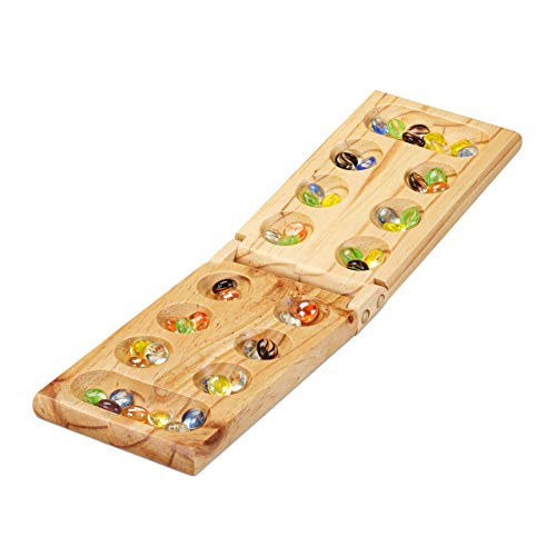 Relaxdays Kalaha bordspel, inklapbaar houten strategisch spel voor 2 personen, met 48 stenen, bruin en meerkleurig