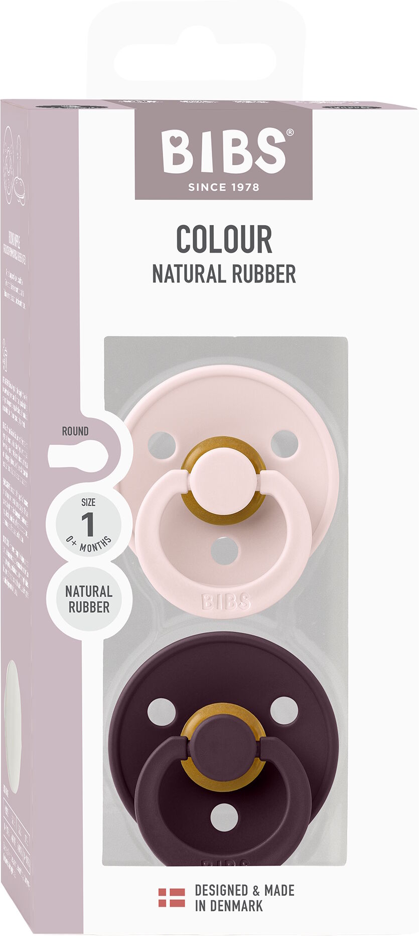 BIBS Pacifier Colour 2 PACK Latex Size 1 Petal/Plum 2 stk