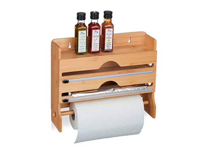 Relaxdays Distributeur Mural\, Papier Aluminium\, Film Alimentaire\, essuie-Tout\, Bambou\, HxLxP : 31x39\,5x11 cm\, Nature