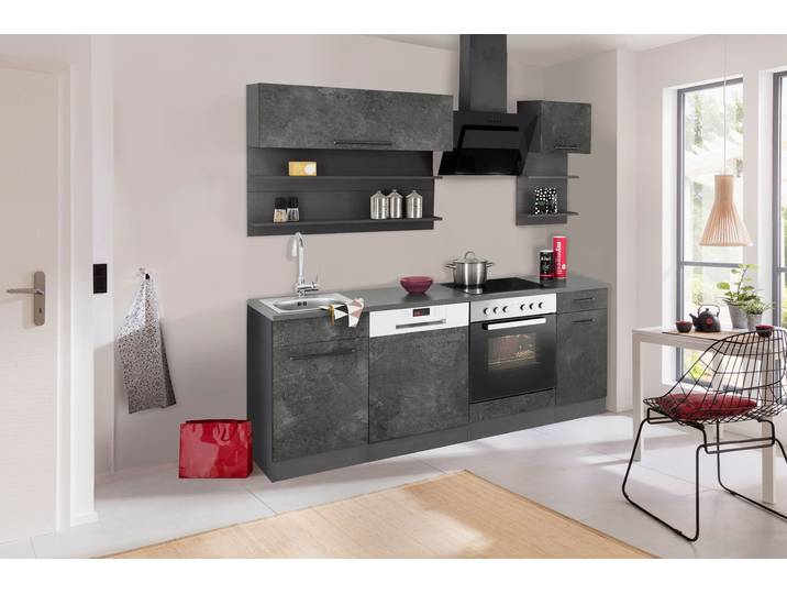 Küchenzeile KOCHSTATION KS-Tulsa , bunt (küche: grau, korpus: grafit, arbeitsplatte: anthrazit), B:210cm T:60cm, Komplettküchen-Sets, Küchenzeile, ohne E-Geräte, Breite 210 cm, schwarze Metallgriffe, MDF Fronten