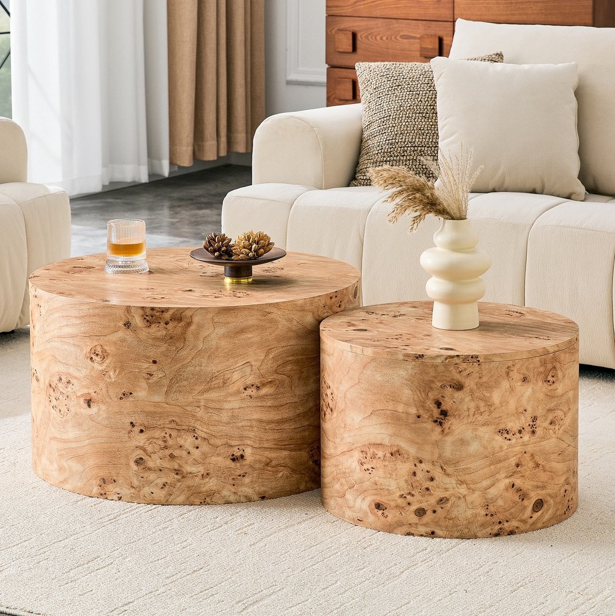 FloraGrace Salontafel Set van 2 - Ronde Nesting Tafels met Opbergruimte - Bruin