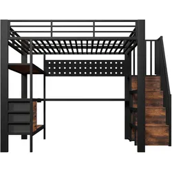 STILVORA Hochbett aus MDF und Metall, Schwarz, 140x200 cm, gewerblich geeignet, mit Ablage