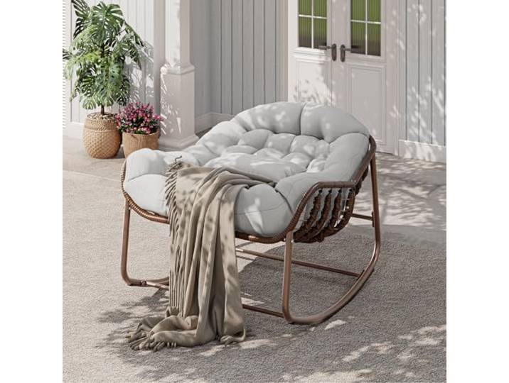 Schaukelstuhl Outdoor XXL, PE-Rattan Egg Chair Bis 180kg, Cremefarben Metallgestell, 12 cm wasserabweisendem Kissen & UV-beständig, für Garten, Balkon, Terrasse