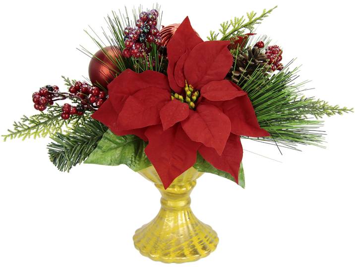 Winterliche Kunstpflanze I.GE.A. Gesteck, Poinsettia im Pokal, Weihnachtsstern, Weihnachtdeko , rot, H:30cm Ø:26cm, Kunststoff, Polyester, Kunstpflanzen, Winterliche Kunstpflanze, Kunstblumen-Arrangement, festliches Blumenensemble, Weihnachtsgesteck