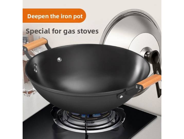 Poêle à frire en fer à Double oreille, poêle à frire domestique, poêle antiadhésive, non revêtue, grand poêle à gaz à fond rond à l'ancienne