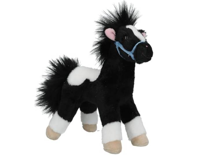 Depesche 13479 Miss Melody - knuffel paard in zwart wit, met blauwe halster, ca. 18 cm pluche dier met knuffelige manen