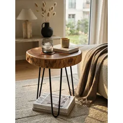 Beistelltisch Massivholz Rund Baumkante BAGLI, Akazie 35x35x45 cm