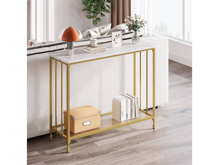 Table console étroite de 31,3 pouces, table console d'entrée à 2 niveaux, petite table d'entrée avec étagère en verre et structure en métal, table console étroite