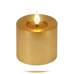 Lumineo LED Kerze 7,5x9,5cm mit Timerfunktion Flacker-Effekt Wachs Echtwachskerze batteriebetrieben Wachskerze Stumpenkerze Gold Warmweiß