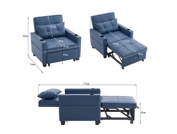 SENVIRO Canapé convertible 3-en-1 une place 74 x 87 x 84 cm bleu