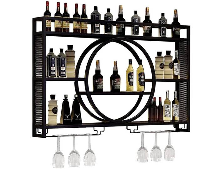 TUWENA Weinregal Weinregal Metall, Wandmontage 3-stöckiges Barregal, schwebende Regal, Küchenaufbewahrung mit Weinglashalter, für Küche, Esszimmer, Bar, Deko