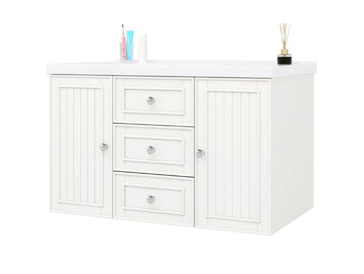 Meuble sous lavabo suspendu 78 5x46x46 8 cm - EVRYAE avec vasque céramique 3 tiroirs et 1 porte - Blanc