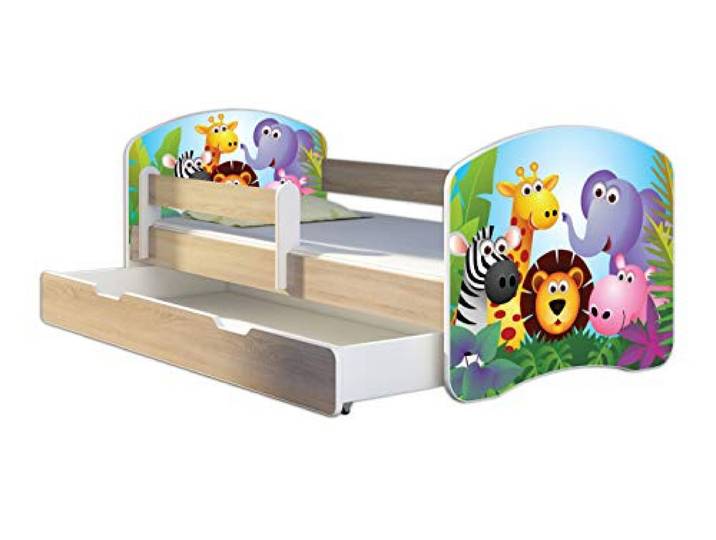 ACMA Kinderbett 160x80 Jugendbett mit Einer Schublade und Matratze, Farbe Sonoma mit Rausfallschutz Lattenrost II Spielbett Kinderzimmer Möbel, 01 Zoo