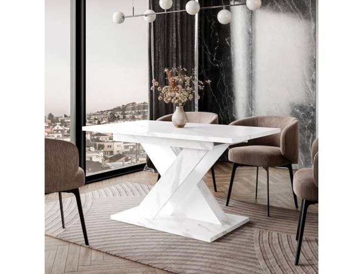 TOXO Esstisch ausziehbar 120-160x80 cm Weiß Marmoroptik, X-Gestell Ausziehbarer Esszimmertisch für 4–6 Personen, von 120 auf 160 cm, X-Gestell, weiße Marmoroptik mit weißem Gestell