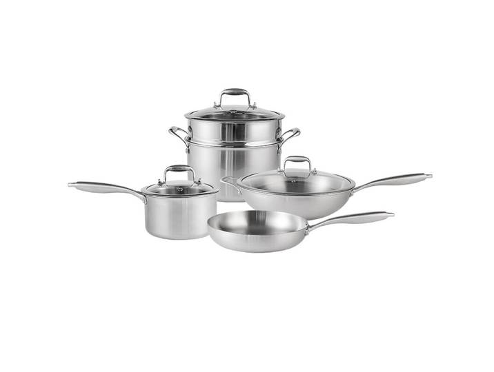PURE COOK 4-delige set kookgerei van 3-laags roestvrij staal – 34 cm wok van 316 roestvrij staal, 18 cm melkpan van 304 roestvrij staal (met deksel), 24 cm stoompan &amp; soeppan van 304 roestvrij staal (met deksel en stoommandje), 28 cm koekenpan van 304 roe