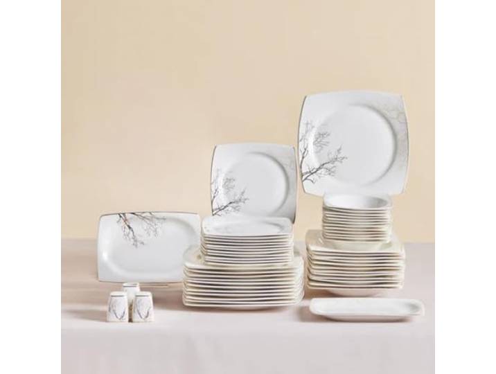 Karaca Square Bone Autumn - 53-teiliges Geschirrset für 12 Personen, Eckig Modern Teller Set aus Porzellan Bone China, Geschirr Set mit Müslischalen, Servierplatte, Pastateller, Dessertteller - Gold