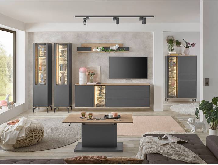 TV-Lowboard Front & Korpus: Spanplatte, beschichtet Absetzung: Massivholz Teak, naturbelassen Grau/Anthrazit 169cm