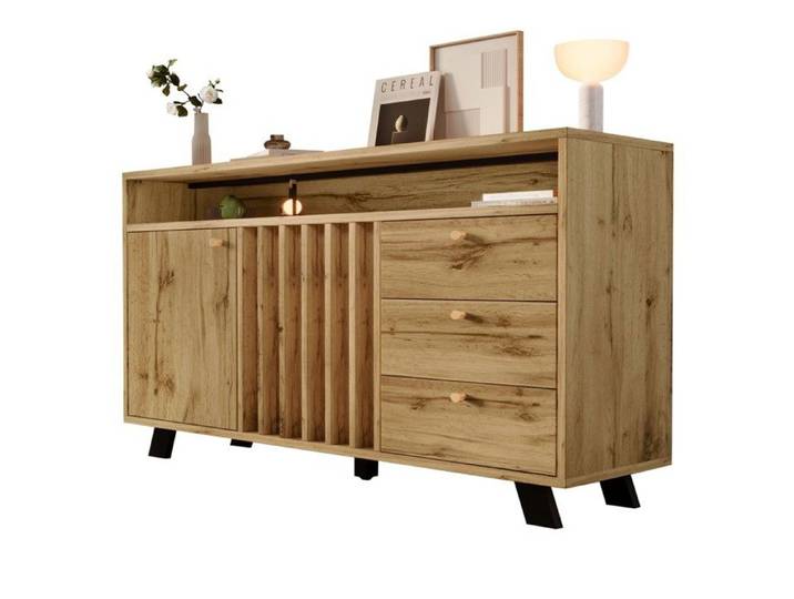 Buffet Chêne Foncé - 3 Tiroirs 2 Portes - Compartiment Ouvert - 120x40x85cm - Vintage Salle à Manger