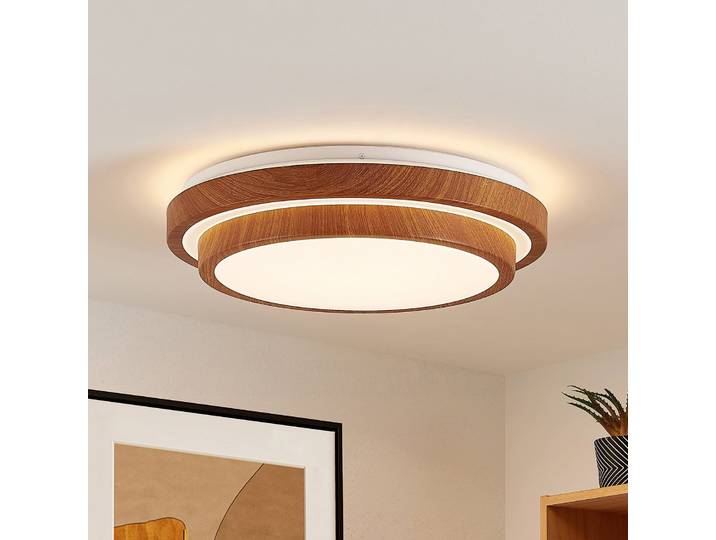 Lindby LED-Deckenleuchte Vaako, Ø 41 cm, Metall, Holzoptik - Arbeitszimmer / Büro - Modern - Kunststoff - Rund