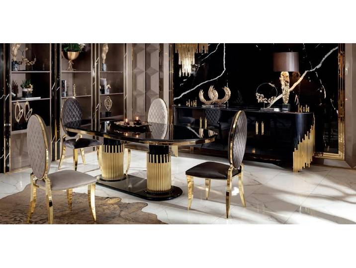 JVmoebel Esszimmer-Set JVMoebel Esszimmer Set mit Edelstahl-Tisch und Holzstühlen, (6-St., Esszimmer-Set, Küchen-Set), Made in Europa