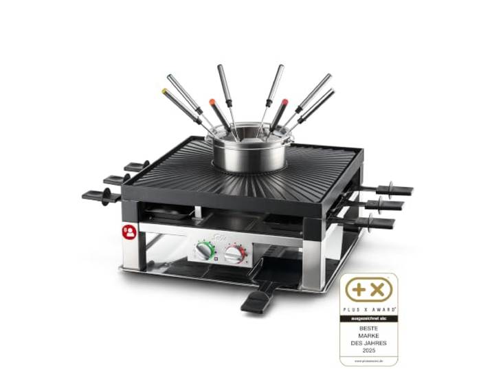 Solis Combi Grill 3 in 1 796 Raclette 8 Personen - Raclette Fondue Kombi - Tischgrill – Elektogrill - Edelstahl