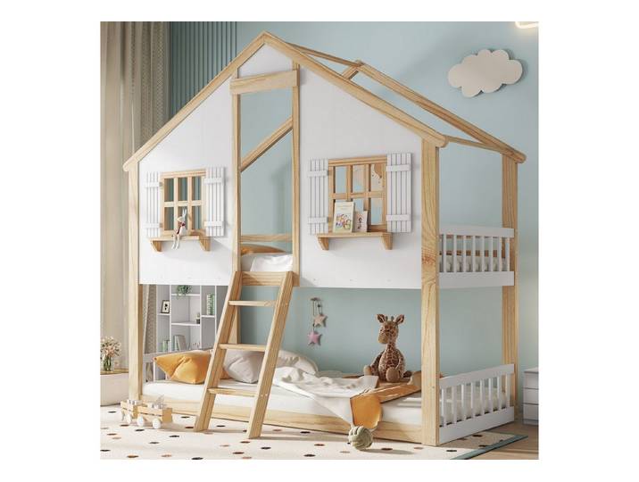 Flieks Etagenbett, Kinderbett Hausbett 90x200cm mit schönem Fenster Dach und Schrägleiter