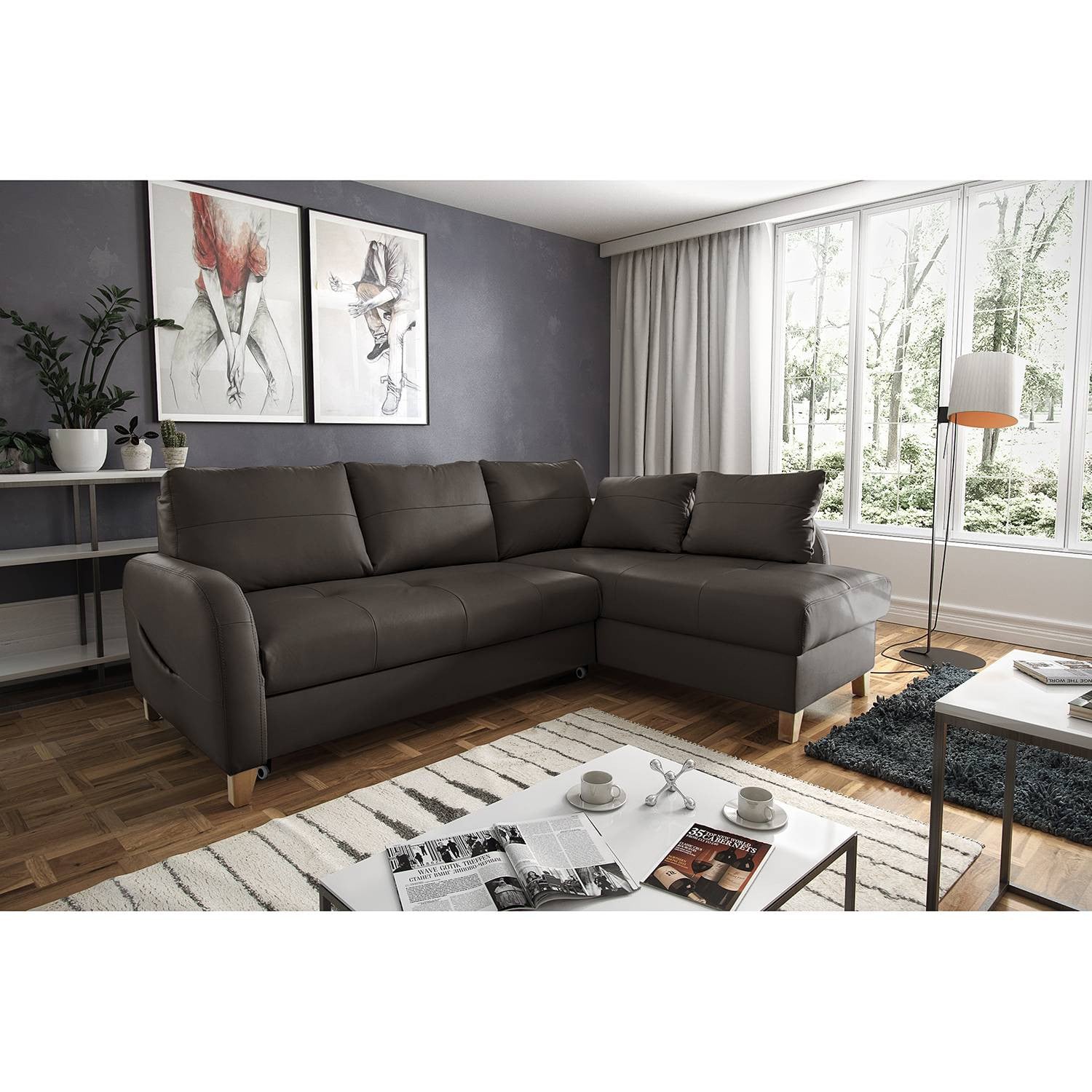 home24 Hoekbank Monserrat bruin/donkerbruin met slaapfunctie en chaise longue rechts, B/D/H: 227 x 82 x 170 cm