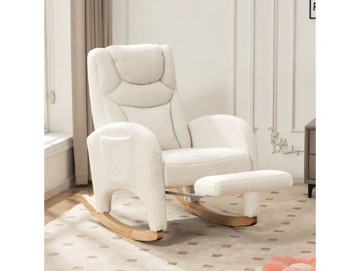 Zitty Fauteuil à bascule en tissu teddy fauteuil relax pour salon avec repose-pieds 66x125x101cm Blanc