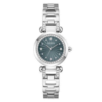 Quarzuhr GUESS "GINGER", silber (silberfarben, grün), Armbanduhren, Damen, Quarzuhr, Armbanduhr, Damenuhr, Edelstahlarmband, analog
