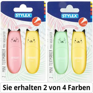 Stylex Textmarker Mini Katzendesign 31474, 2 Stück, Strichbreite 1 - 5mm, pastell, farbig sortiert