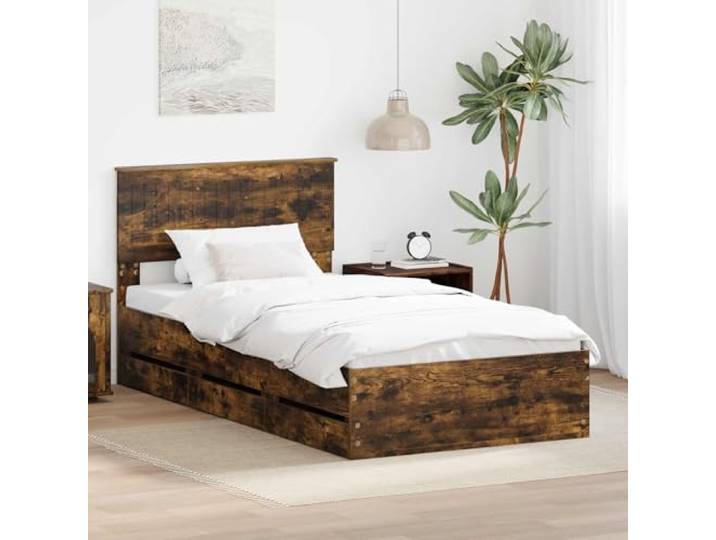 RJPLMFV Bettgestell, Eiche Rauch, 100 x 200 cm Versteckte Schubladen, feste Latten, quadratische Füße, einfache Reinigung, integrierte Aufbewahrung