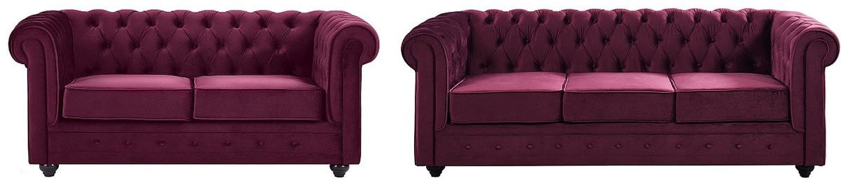 Chesterfield bank in purper velours beschikbaar als twee- of driezitsbank