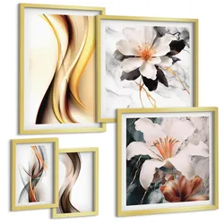 BILDER SET 5er Set - 50x50 cm & 20x30 cm & 40x60 cm Goldrahmen - Charmante Straßen und Pizza