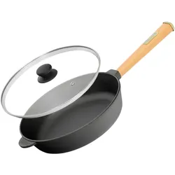 BRIZOLL Ø24cm Gusseisenpfanne 62mm hoch mit Holzgriff und Glasdeckel Induktion Bratpfanne