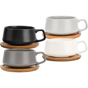 Miamio Kaffeetassen Cappuccino Luxe, 320ml, Keramik, weiß/grau, 4 Tassen mit Untersetzer, Set 8-teilig, 4 Stück