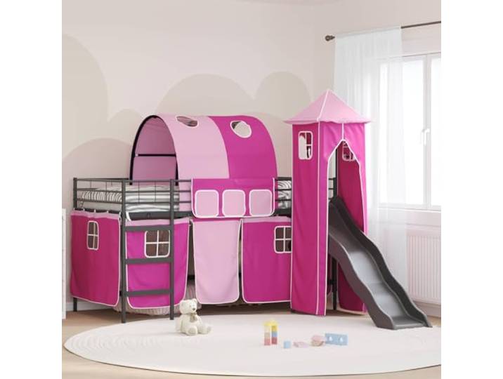 Stabiler Metallrahmen mit Rutsche Turm Vorhang Spielbett Schwarz 79 5 x 200 Kinderloftbett Schwarz Pink 79,5x200 cm Metall Hochbett mit Rutsche Vorhang Turm inkl. Matratze für Kinderzimmer Spielplatz