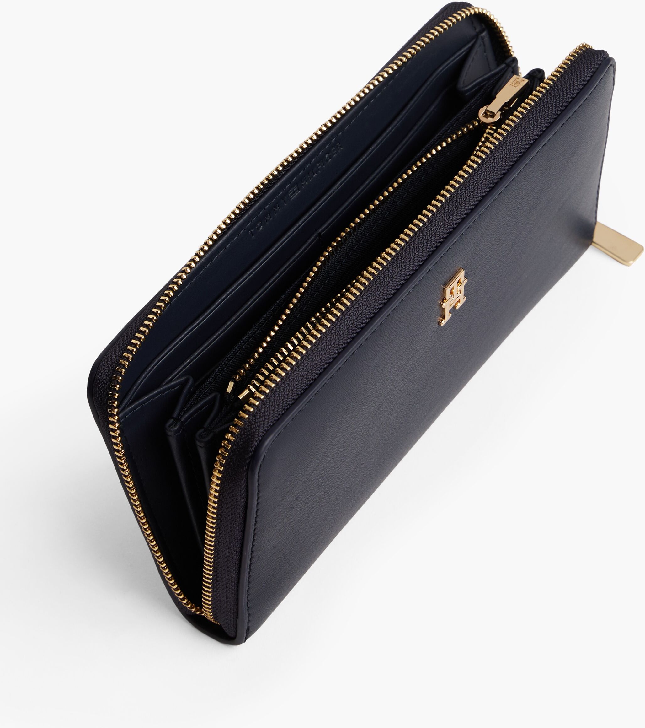 Geldbörse TOMMY HILFIGER "TH ICON LRG ZA", Damen, blau (dunkelblau), Lederimitat, Kleinlederwaren Geldbörse, Damen Geldbeutel, Portemonnaie mit edlem TH-Logoelement dunkelblau Einheitsgröße