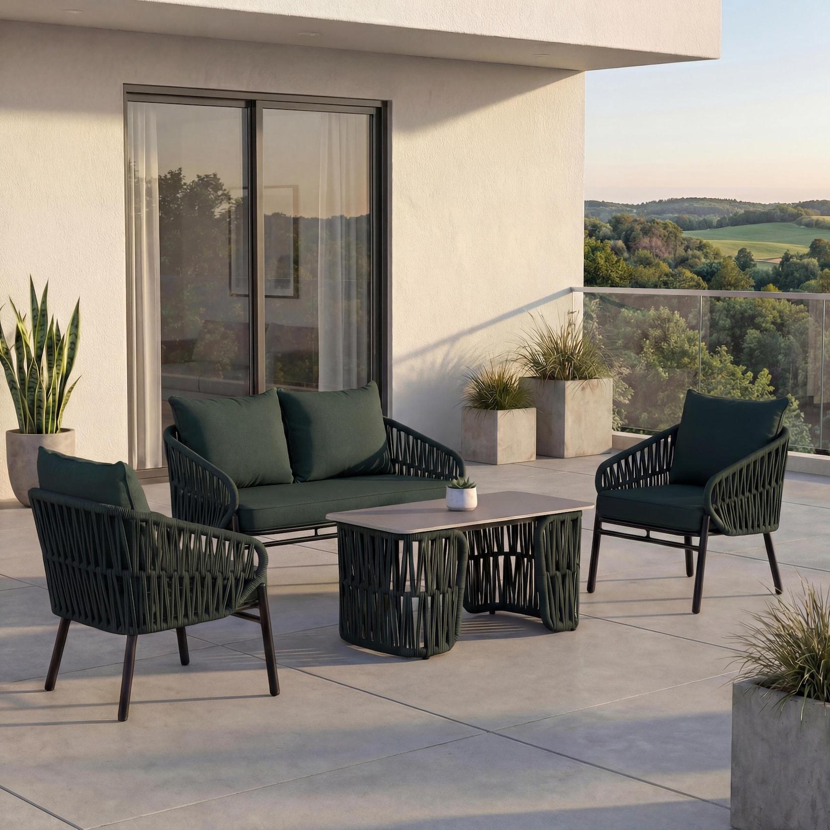 Gartengarnitur MCW-P90, Lounge-Set Gartenlounge Sofa Sessel Tisch, Seilgeflecht Rope Stoff/Textil (180g/m²) ~ grün
