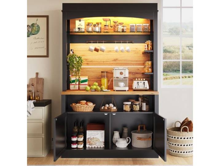 Buffet Haut Cuisine Noir 107x43x184cm vitrine LED étagère ouverte meuble rangement cuisine salle à manger