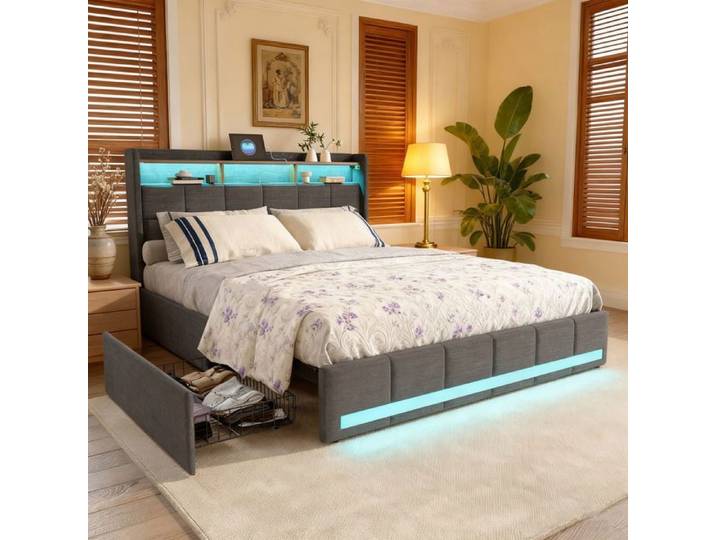 Lit 140x200 cm - NMONET - cadre de lit adulte 140x200 cm - lit double 140x200 cm - LED - Tiroirs - Tissu en lin - gris