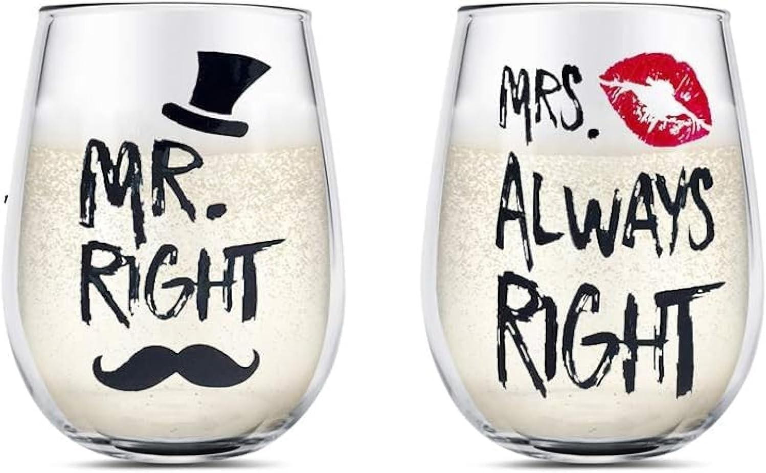 Set van 2 wijnglazen met MR RIGHT en MRS ALWAYS RIGHT gravure