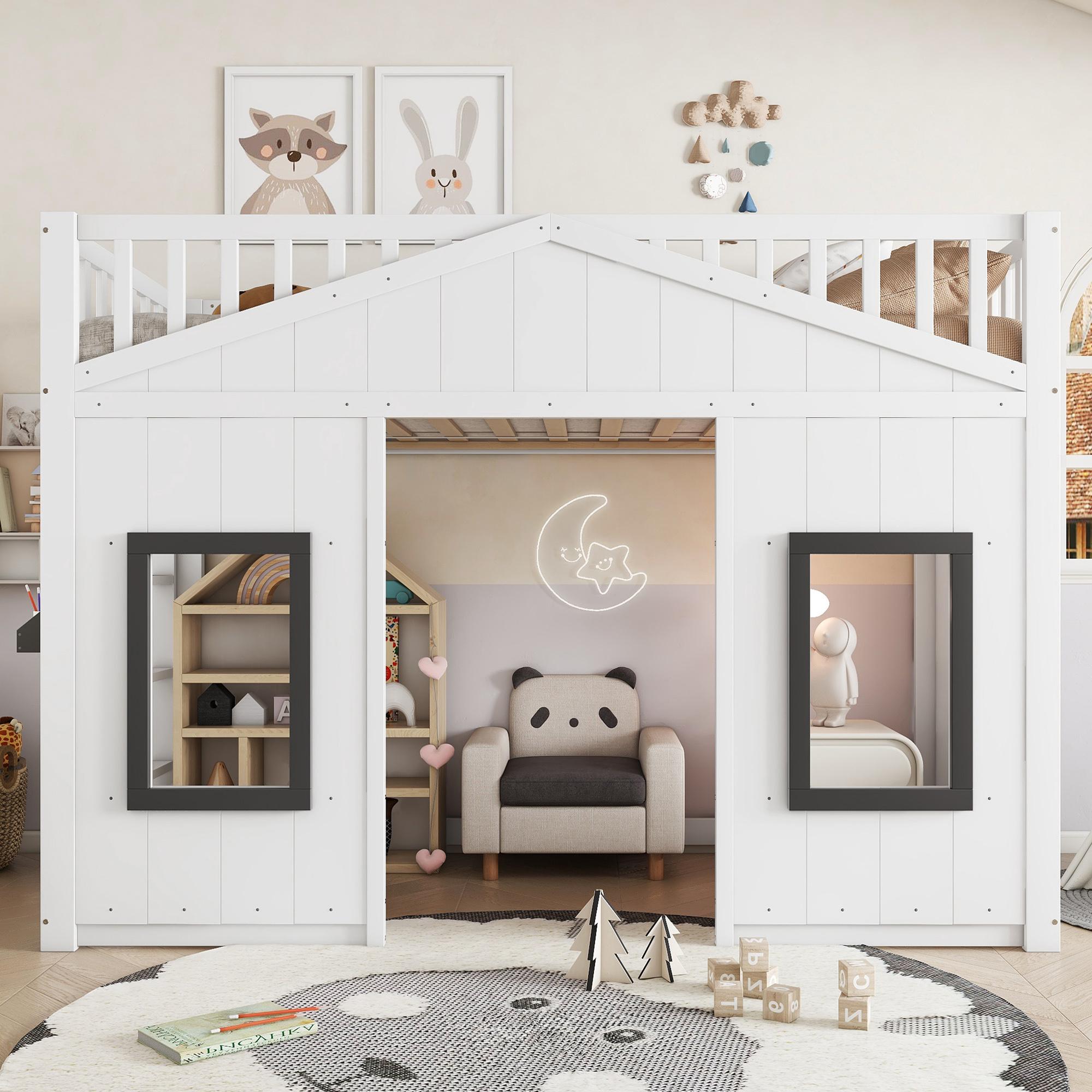 Merax Etagenbett 90x200cm mit Fallschutz und Gitter, Hausbett mit Treppe, Kinderbett mit Fenster aus Kiefer + MDF, Weiß, Frei gestaltbares Unterbett