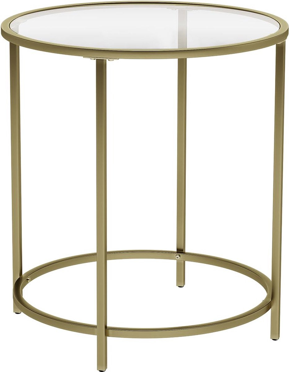 Ronde bijzettafel met gouden metalen frame en gehard glazen blad