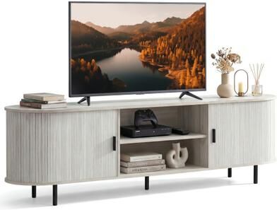 Costway TV Stand for 80 Inch TVs Mid Century Modern Entertainment Center with Fluted Sliding Doors-Natural