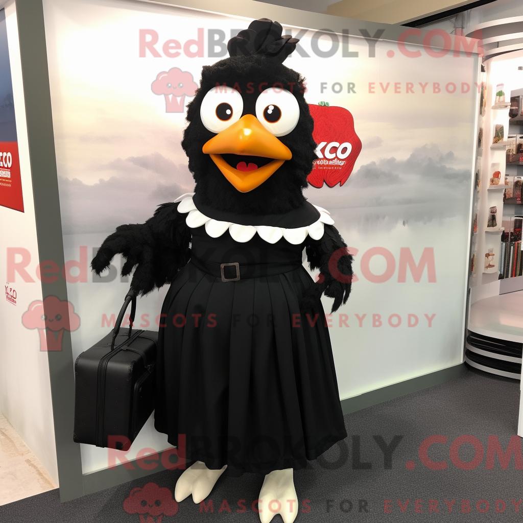 Maskottchenfigur REDBROKOLY eines Black Fried Chicken gekleidet in Maxirock und Aktentasche