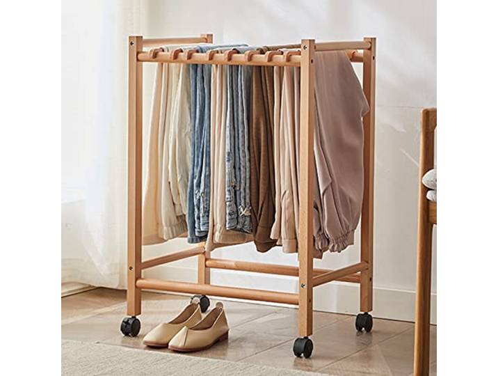 UVCMDUI Hosenbügel Holz, Multi-bar Hosen Kleiderbügel auf Rollen, Hosenbügel Platzsparend Hosenkleiderbuegel für Hosen, Jeans, Schals,Wood,70CM 12 Trouser Hooks